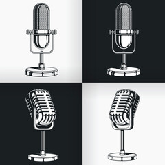 Silhouette old vintage radio microphone retro podcast, classic clipart cartoon illustration