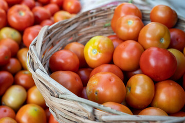 red tomatoes in market, basket