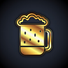Gold Wooden beer mug icon isolated on black background. Vector.