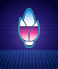 Retro style Corn icon isolated futuristic landscape background. 80s fashion party. Vector.