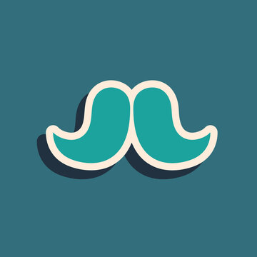 Green Mustache icon isolated on green background. Barbershop symbol. Facial hair style. Long shadow style. Vector.
