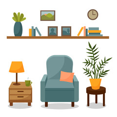 Living room interior isolated on a white background. Set with furniture - armchair with pillow, home flowers, bedside table with lamp, shelf with books, clock. 