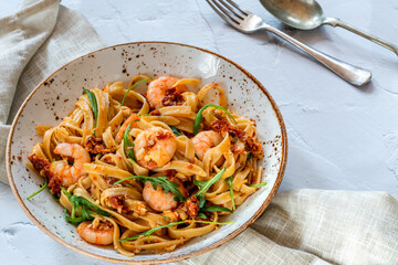 Tiger prawns in tomato, chilli and almond pesto