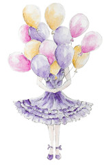 Romantic girl in violet dress with violet balloons. Happy birthday gift.