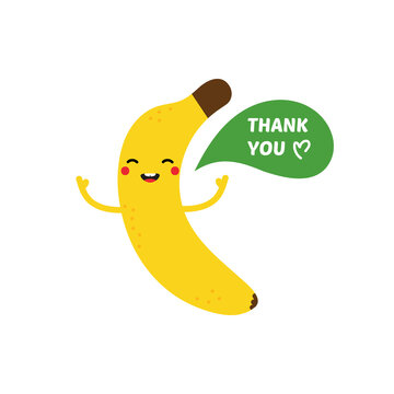 Cute and smiling cartoon style banana character saying thank you.