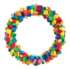 Colorful toy bricks randomly arranged in circle frame. 3d rendering