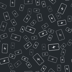 Grey Smartphone charging battery icon isolated seamless pattern on black background. Phone with a low battery charge. Vector.