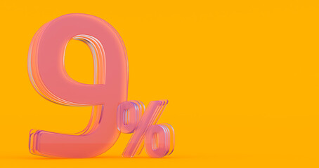 nine (9) percent in glass, Glass 3d number on colored background, 3d render
