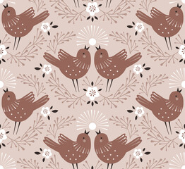 Easter Birds song vector seamless pattern. Symmetrical folk art illustration of spring bird couple in florals wreath surface background. Happy Easter ornament for Christian spring holidays.