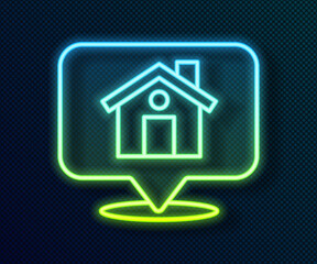 Glowing neon line Map pointer with house icon isolated on black background. Home location marker symbol. Vector.