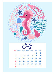 Marine life. calendar design template for 2022, A4 format. Week starts on Sunday. Whale, mermaid, snail, shark, crab, stingray, seahorse, dolphin, octopus, turtle