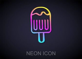 Glowing neon line Ice cream on stick icon isolated on black background. Sweet symbol. Vector.