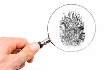 Magnifying glass in hand and fingerprint isolated on white background
