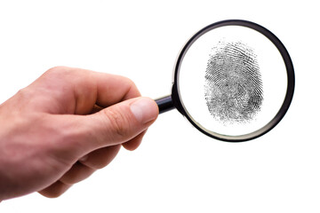 Magnifying glass in hand and fingerprint isolated on white background