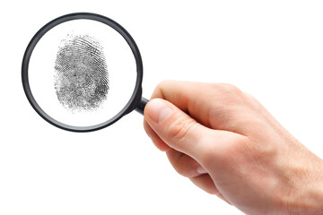 Magnifying glass in hand and fingerprint isolated on white background