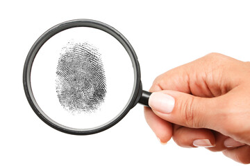 Magnifying glass in hand and fingerprint isolated on white background