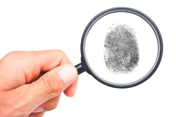 Magnifying glass in hand and fingerprint isolated on white background