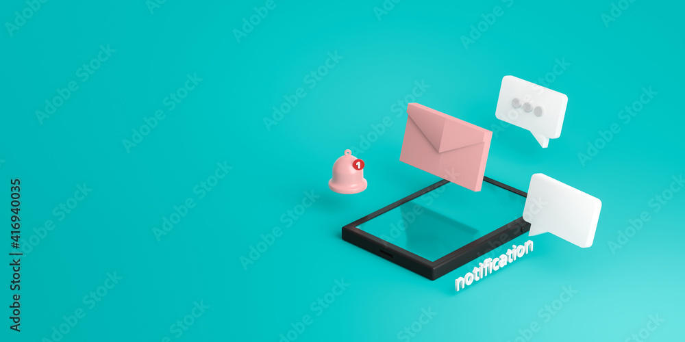 Poster notification message bell icon alert and alarm on pastel color background with smartphone reminder. 