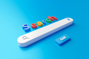 Blank minimal search bar box on website interface background with searching or finding button. 3D...