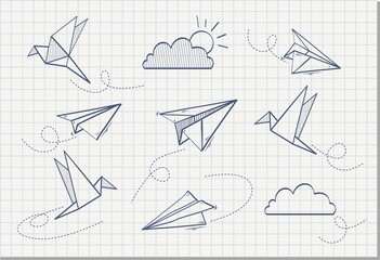 Hand drawn Origami paper birds, airplane, sun and cloud