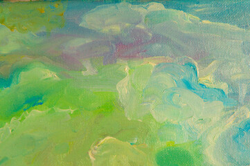 abstract creative background: light bright chaotic spots of oil paint on linen canvas before tone priming