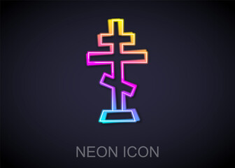 Glowing neon line Christian cross icon isolated on black background. Church cross. Vector.