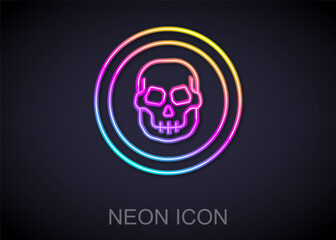Glowing neon line Mexican skull coin icon isolated on black background. Vector.