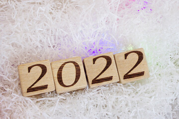 2022 new year's number on wooden blocks close-up.