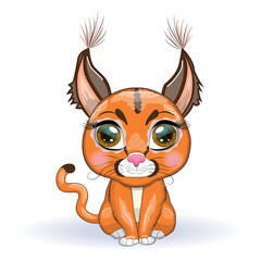 Caracal steppe lynx with beautiful eyes in cartoon style, colorful illustration for children. Caracal cat with characteristic ears, spots