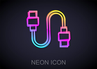 Glowing neon line USB cable cord icon isolated on black background. Connectors and sockets for PC and mobile devices. Vector.