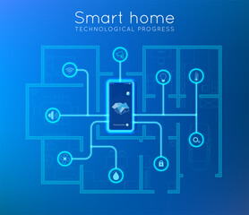IOT concept. Smart home connection and control with smartphone through home network. Isometric house standing on screen mobile phone and wireless connections with icons electronics devices