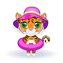 Fototapeta premium Cute cartoon tiger with beautiful eyes, orange with a circle for swimming and wearing a hat. Chinese New Year 2022, Year of the Tiger.