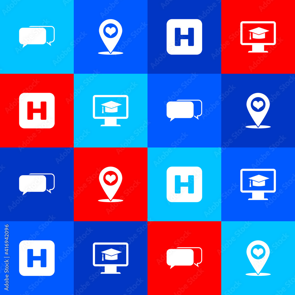 Poster set chat, map pointer with heart, hospital and monitor graduation cap icon. vector.