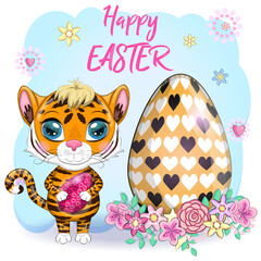 Cartoon tiger with Easter egg as Easter bunny. Easter 2022, April. Children's style, cute. Symbol of the year