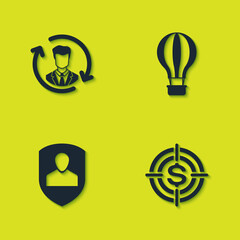 Set Human resources, Target with dollar, User protection and Hot air balloon icon. Vector.