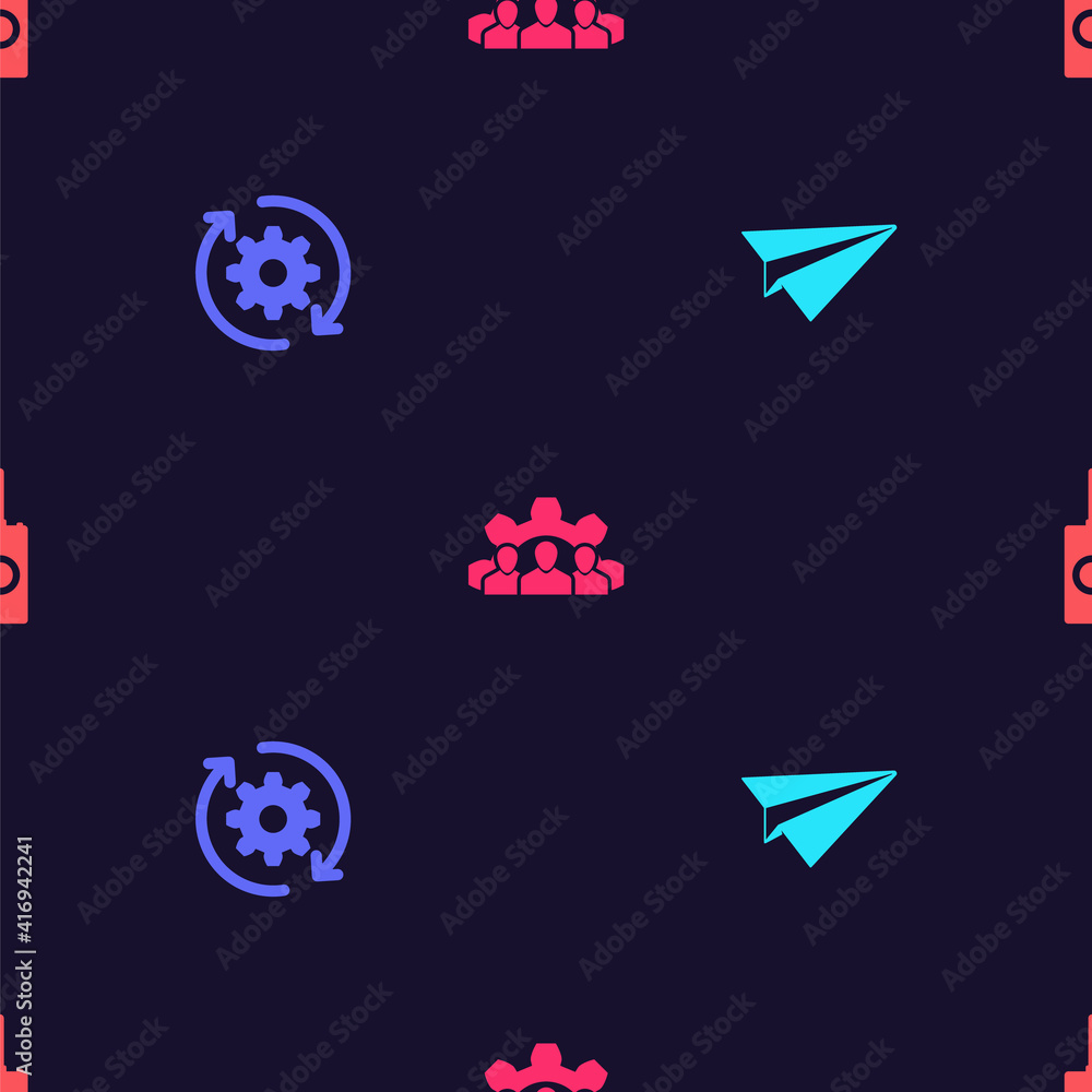 Poster set paper plane, gear and arrows as workflow, project team base and remote control on seamless patte