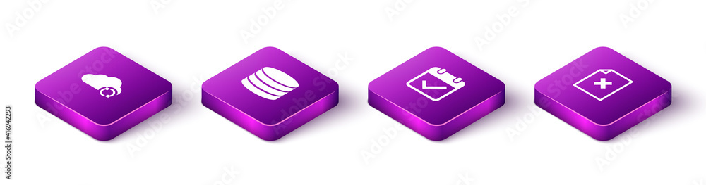 Poster set isometric cloud sync refresh, database, calendar with check mark and delete file document icon. 