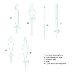 Set of chemical glassware. Sketches, blue color.