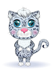 Cartoon snow leopard with expressive eyes among flowers, hearts, decorative elements. Wild animals, character, childish cute style.