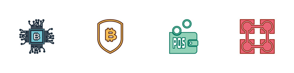 Set CPU mining farm, Shield with bitcoin, Proof of stake and Blockchain technology icon. Vector.
