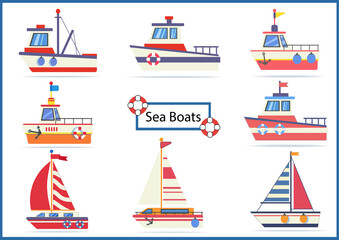 Set cartoon boat and sails. Vector sea vehicle ship, sails and yachts. 