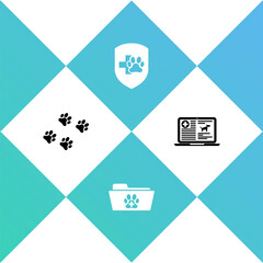 Set Paw print, Medical veterinary record folder, Animal health insurance and Clinical dog on laptop icon. Vector.