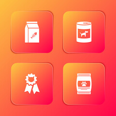 Set Bag of food for cat, Canned dog, Cat award symbol and pet icon. Vector.