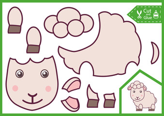 Cut and glue the paper a cute sheep. Kids crafts activity page. Simple children worksheet. Vector illustration.