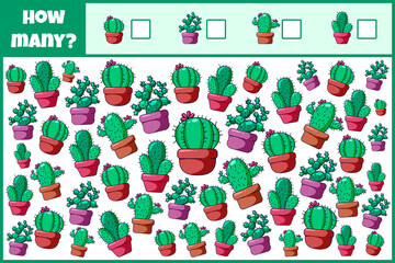 Naklejka premium Educational mathematical game. Count the number of cacti. Count how many indoor cacti. Counting game for children.