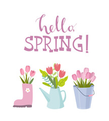Hello spring card with tulips in rubber boot, bucket, watering can