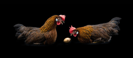 two chickens are sitting near a golden egg and talking on a black background, fairy tale plot