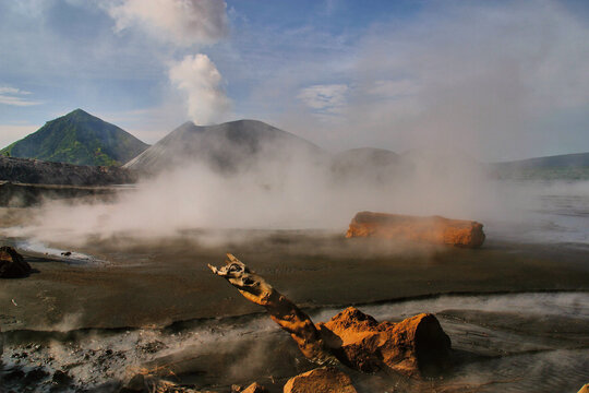 active volcano Tavurvur, Papua New Guinea, steaming water 
