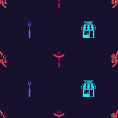 Set Barbecue shopping building, fork, Sausage on the and Crossed and spatula on seamless pattern. Vector.