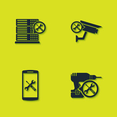 Set Database server service, Drill machine, Smartphone and Security camera icon. Vector.